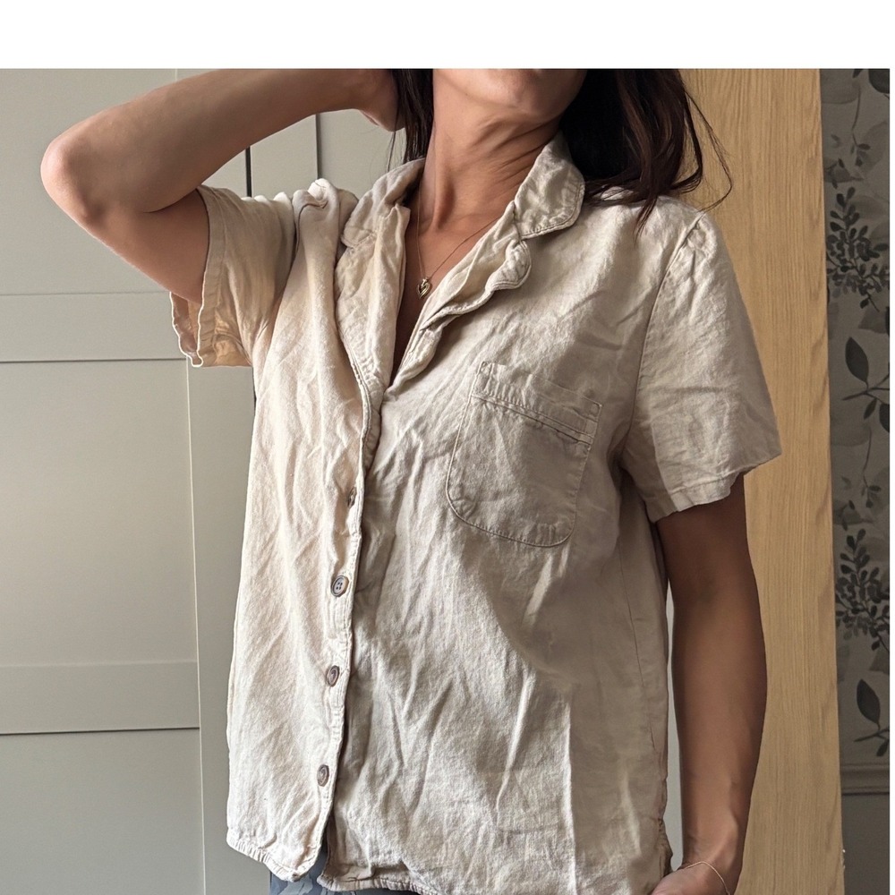 Banana Republic Womens Short Sleeve Linen Blend Button Down Shirt Beige Tan